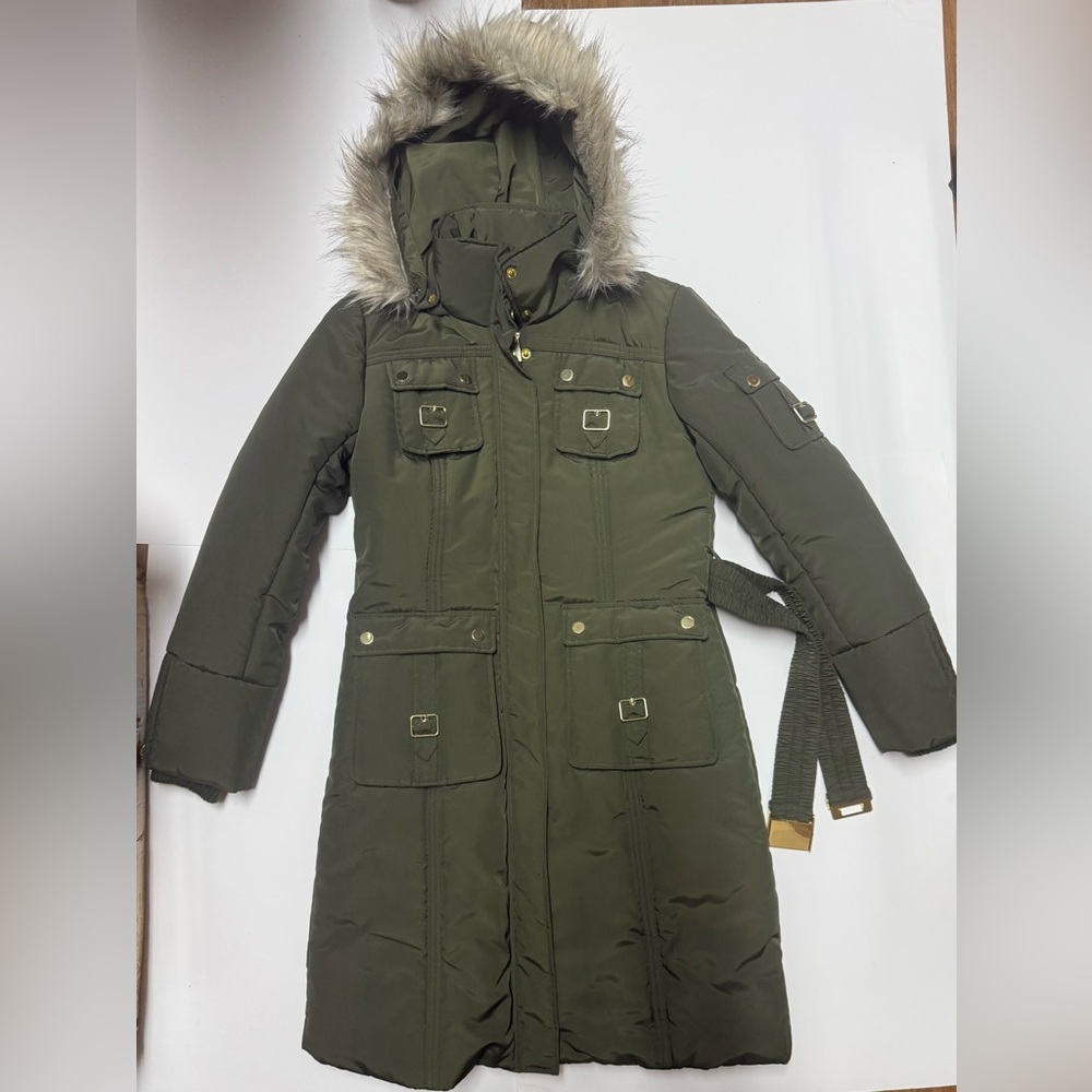 New York & Company Dark Green Puffer Coat with Faux Fur Hood